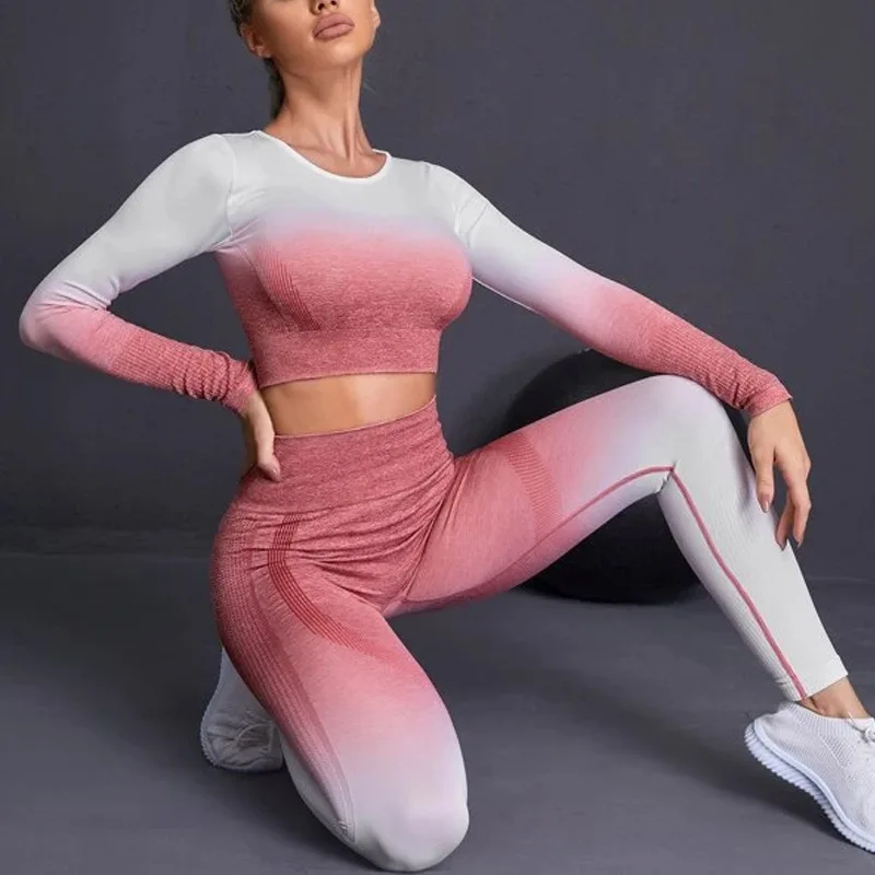 Women Sportswear Trends Autumn Winter Yoga Suit Seamless Gradient Tight Long Sleeve Long Pants Supportive Sports Bras Tops Sets