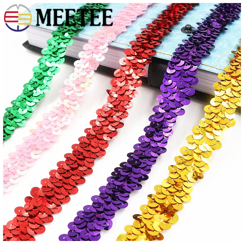 

5/10/25Yards Meetee 2cm Sequins Strech Lace Ribbons Gold Silver Elastic Trims for Dance Dress Paillette DIY Sewing Accessories