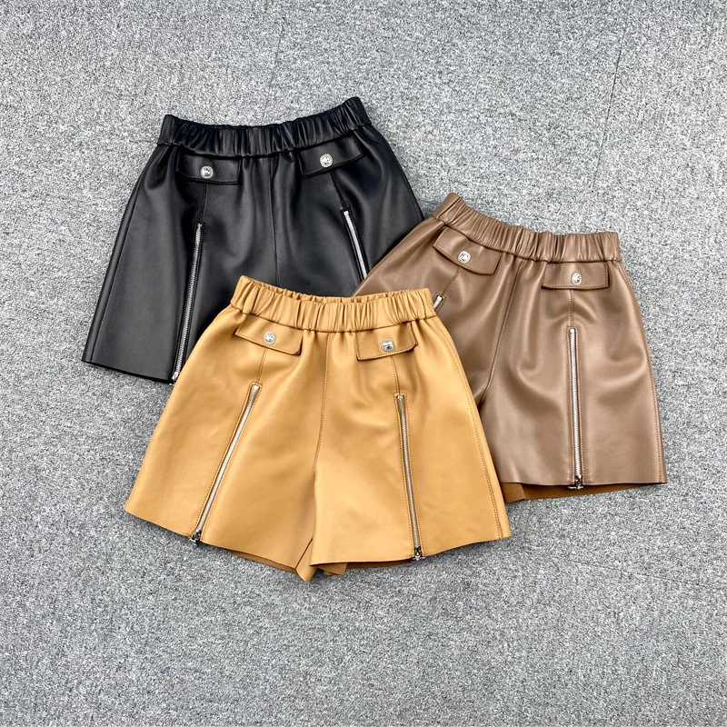 2022 New Arrival  Women Fashion High Waist Zipper Adjustment Genuine Sheepskin Leather Shorts