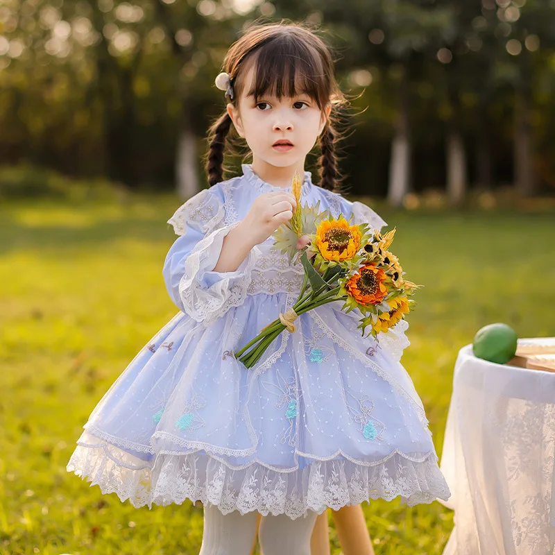 

Spring Spanish Lolita Princess Ball Gown Cute Lace Mesh Bow Stitching Birthday Party Easter Princess Dress for Baby Girls
