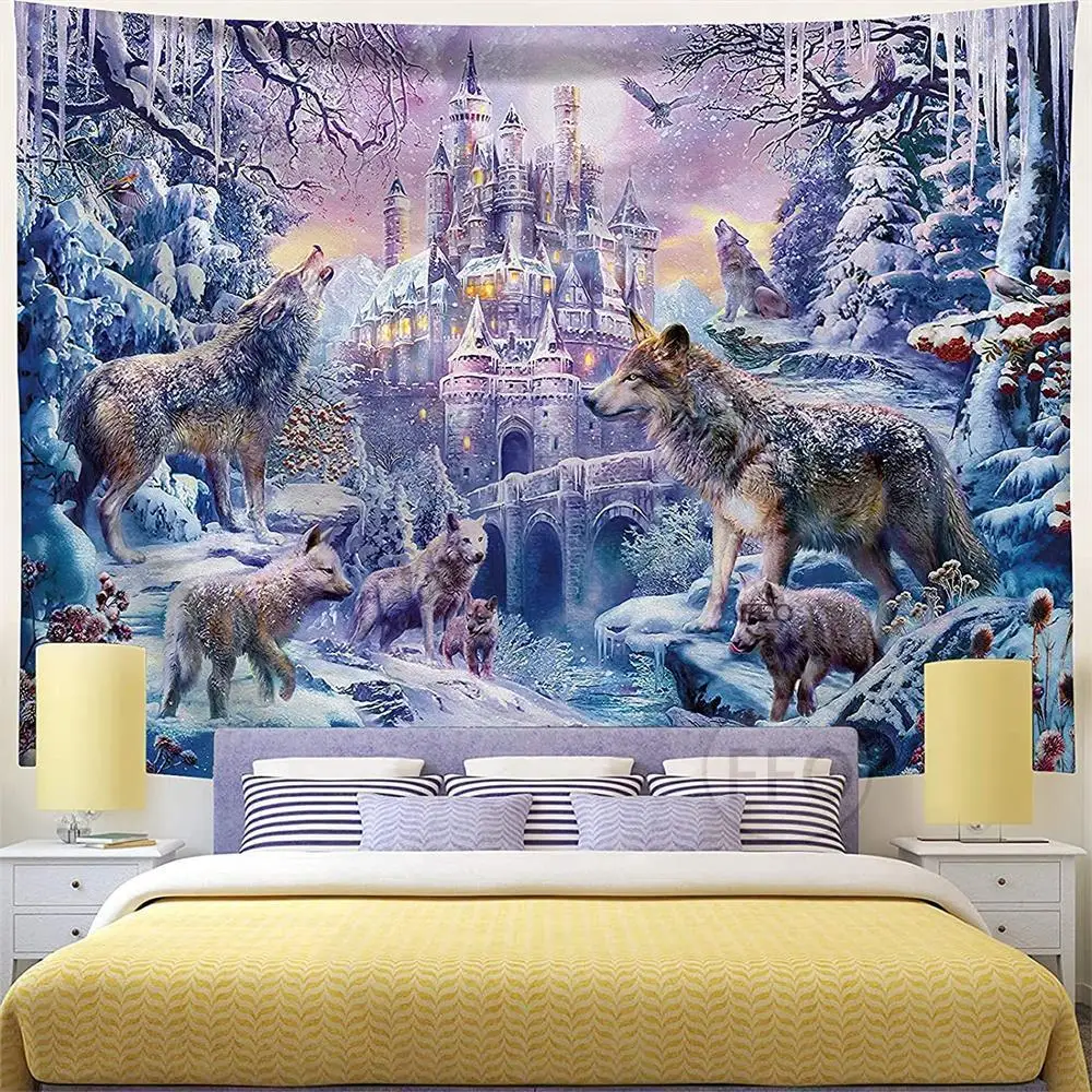 

Психоделический хиппи снег ковер «Замок» эстетическое животное волк гобелен настенный Индийский Мандала гобелены украшение для дома