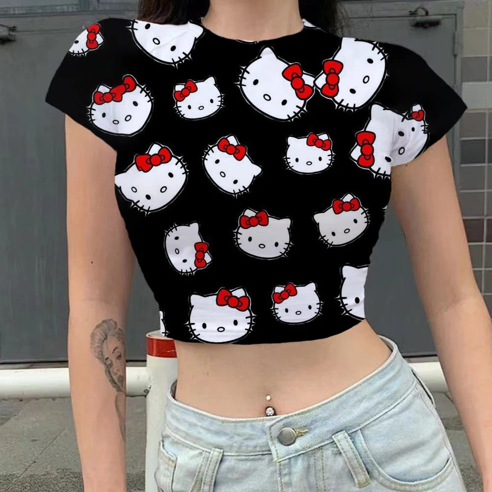 

Футболка женская с 3D-принтом Hello Kitty, пикантный дизайнерский топ с круглым вырезом и коротким рукавом, в стиле пэчворк, повседневный облегающий пуловер, на лето