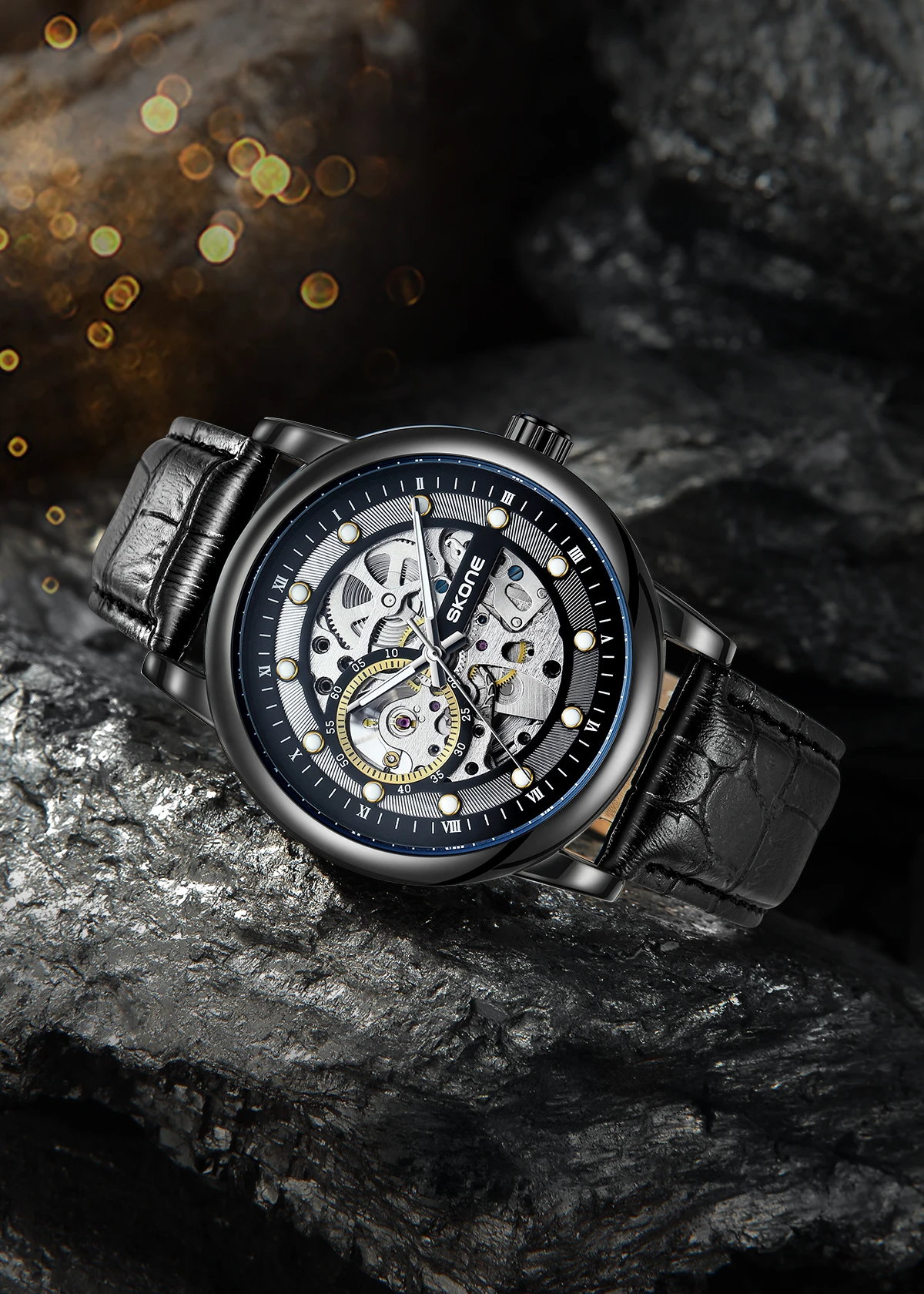 Фото SKONE Black Warrior Watch Мужские модные модные студенческие водонепроницаемые часы с ночником, полностью автоматические механические часы №1