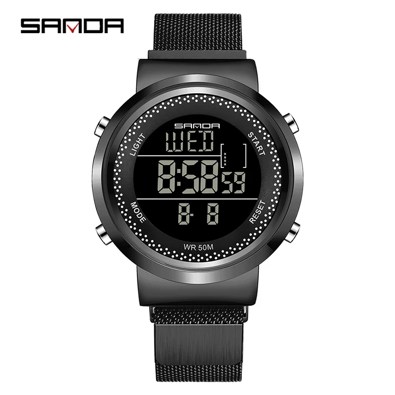 SANDA Charming Multifunctional Digital Watch Steel Mesh Strap Magnet Clasp Electronic Clock Outdoors Business Couple Watch 383