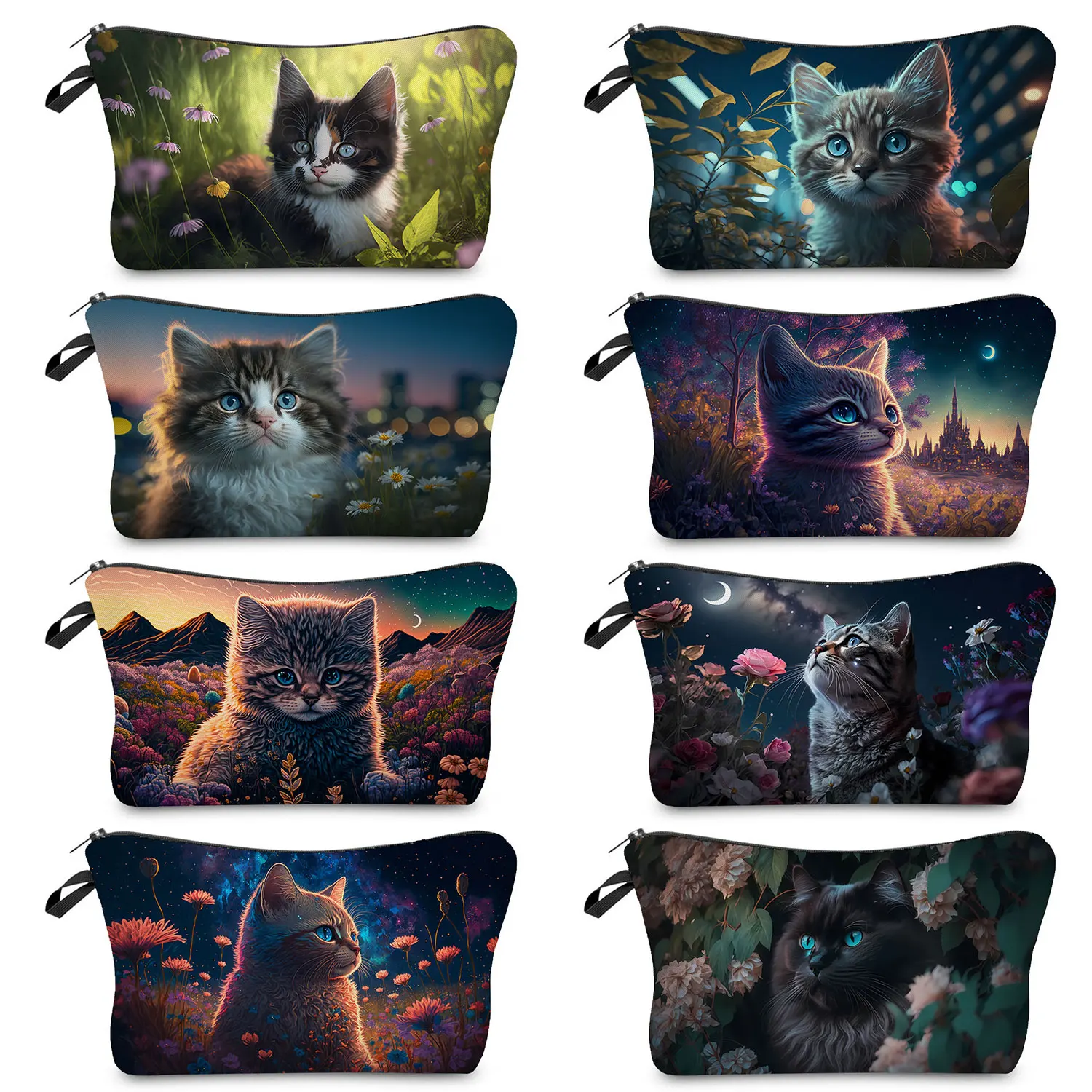 

Женская косметичка с милым цветочным принтом и кошкой