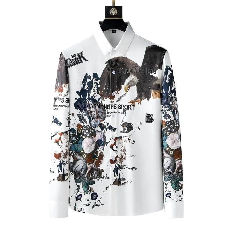 

Autumn Luxury Men Long Sleeve Shirts For Man Turn Down Fashion Casual Black Print Tops