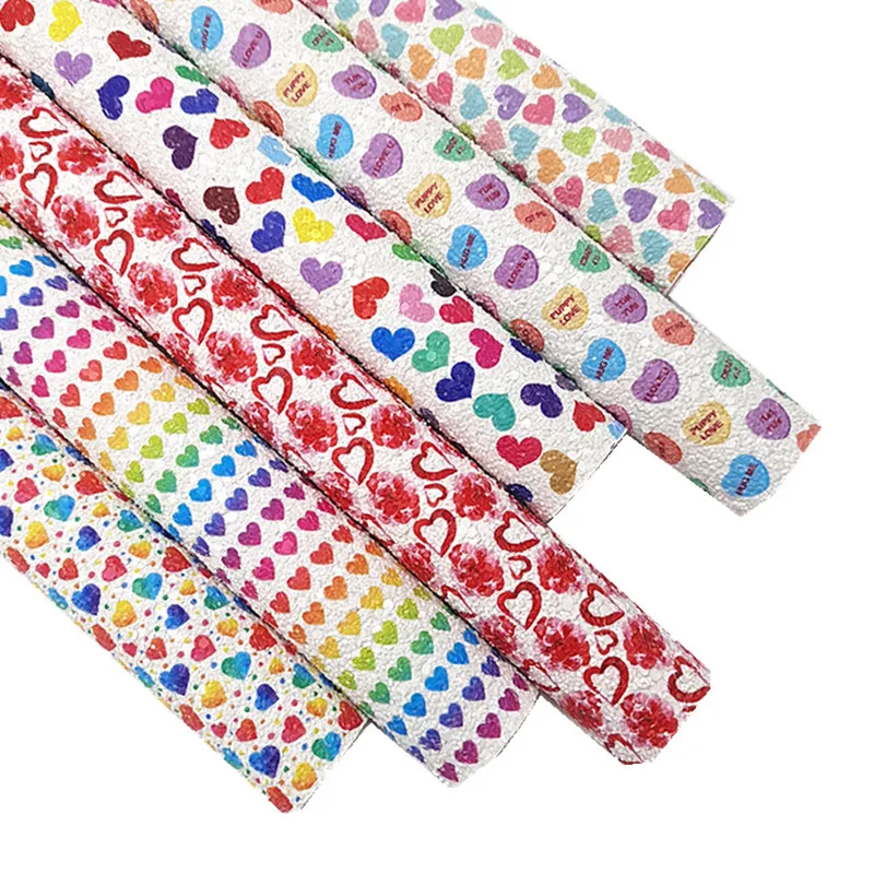 

Mini Roll 30X134CM Valentines Hearts Printed Chunky Glitter Leather Fabric Felt Backing Glitter Leather For DIY Bows Craft SJ370