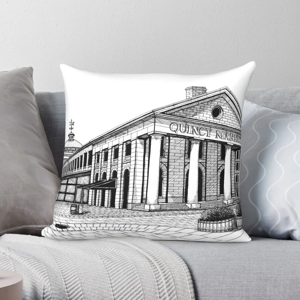 

Boston's Quincy Market-Drawing Pillowcase Polyester Linen Velvet Creative Zip Decor Sofa Cushion Cover