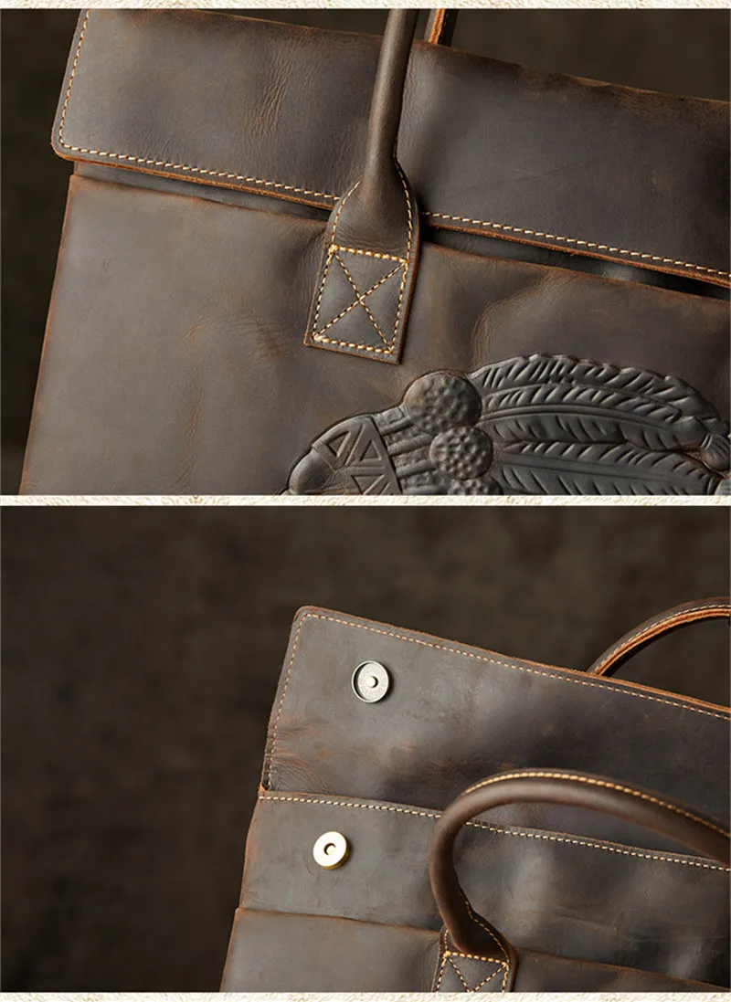 Retro Fashion Designer Top Crazy Horse cowhide Men's Handbag Daily Outdoor Office Lawyer Real leather 17 Inch Briefcase teenager