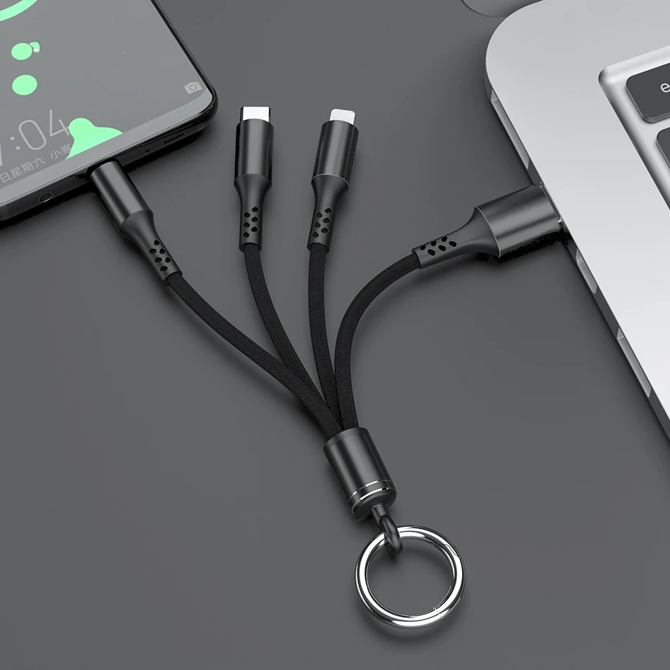 3 in 1 usb cable for iphone samsung android mobile phone micro usb type c multi keychain portable data sync line cord free global shipping