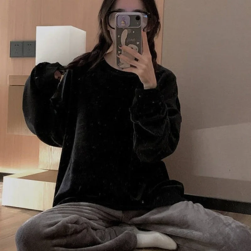 QWEEK Pj Sets for Women Kawaii Pajama Black Solid Color Loungewear Flannel Pijamas Girls Winter Home Wear Sleepwear Pyjamas Cute