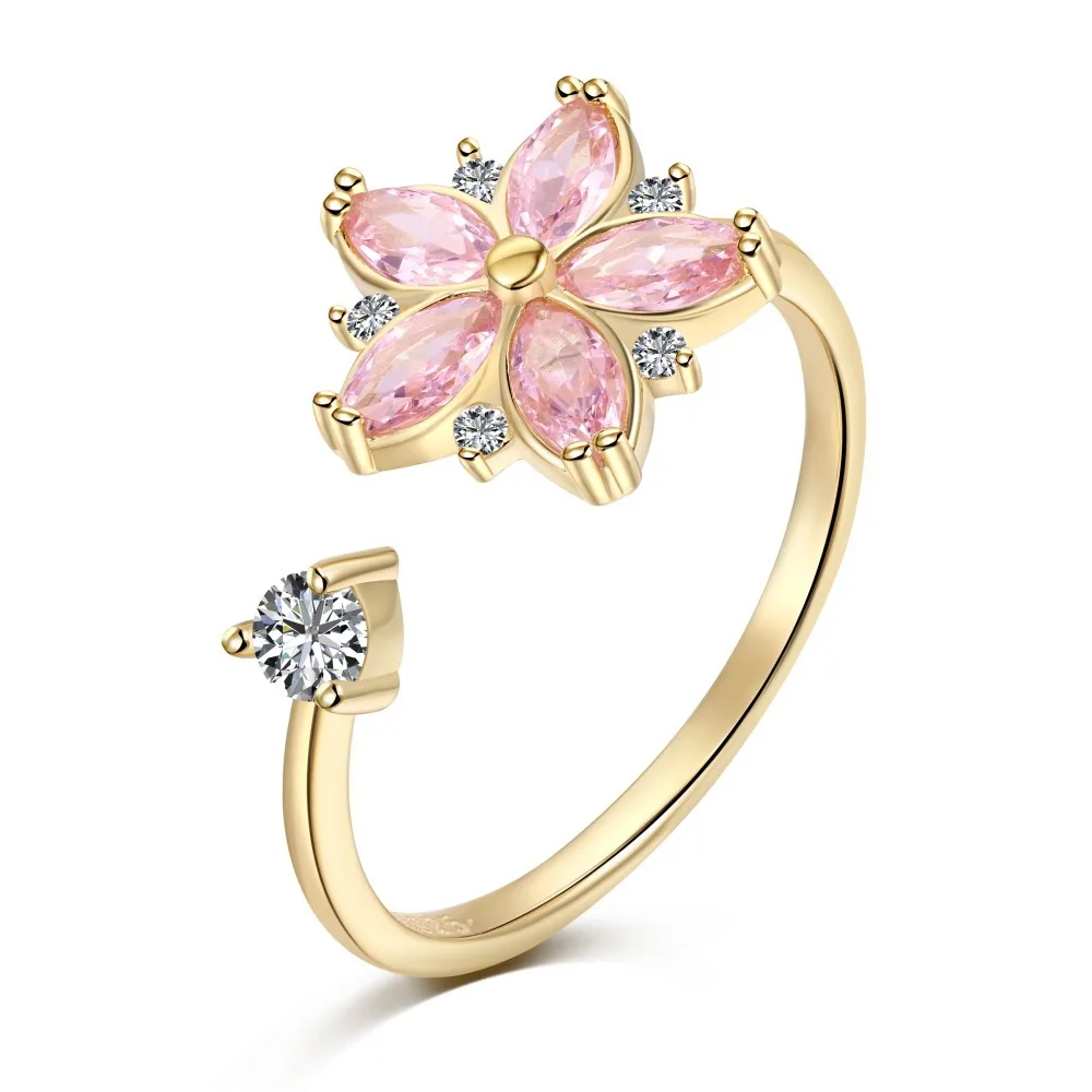 

S925 Sterling Silver Diamond Peach Blossom Decompression Spinning Series Fashion Versatile Design Women's Wedding Ring