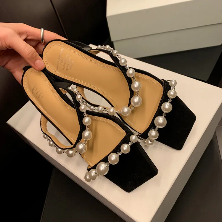 

Black Suede Women Casual Slippers Pearl Chains Double Strap Summer Slides Fashion Green 5cm Square High Heels Sandals Teni Femme