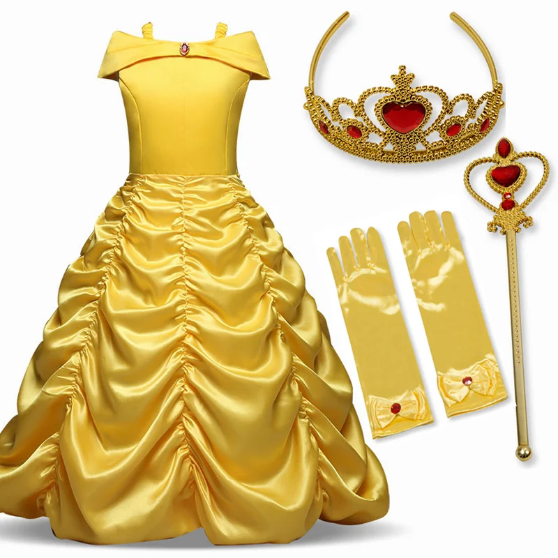 

Belle Princess Birthday Fancy Girls Dress Wedding Party Dresses For Girls Ball Gown Kids Children Clothing Magic Stick Crown