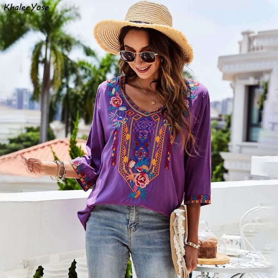 Блузка KHALEE YOSE в стиле бохо с вышивкой рубашка фиолетовый осенний стиль хиппи