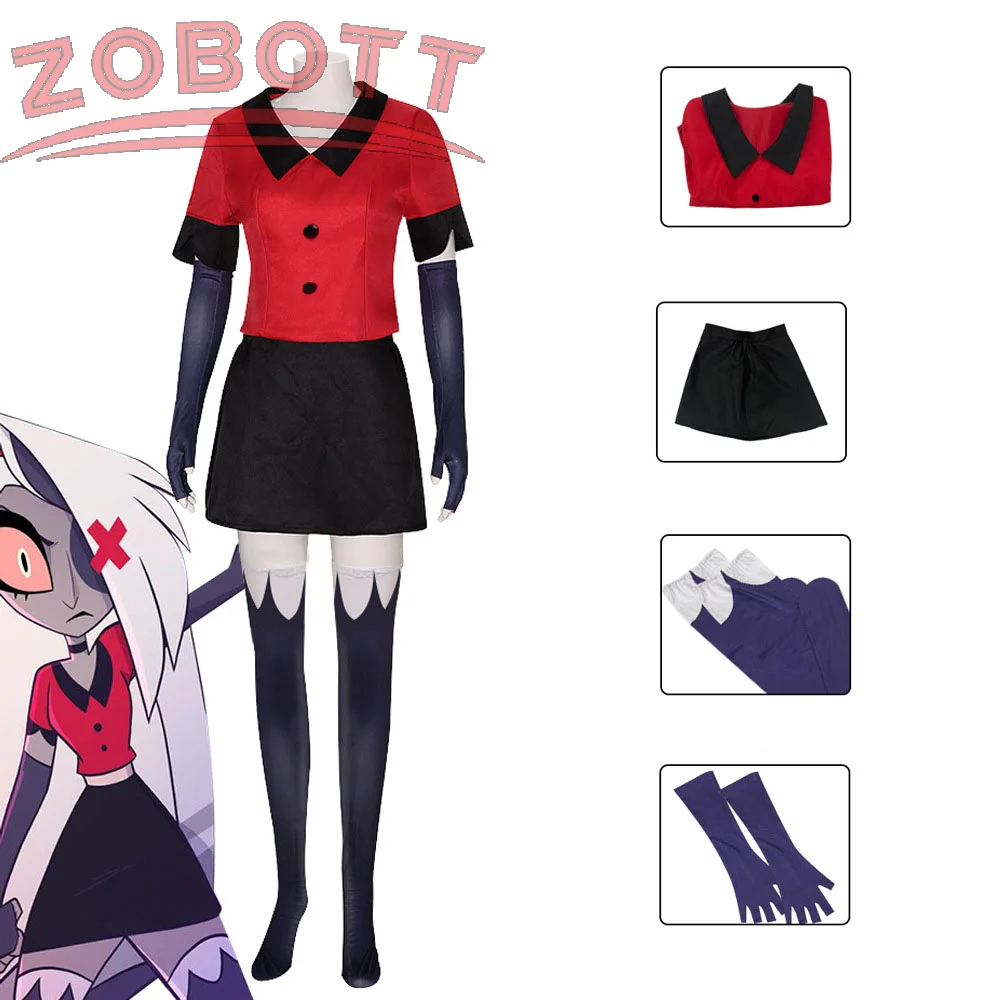 Hazbin COS Hotel Vaggie Косплей Костюм Женский Красный Топ Черная Юбка Перчатки Брюки