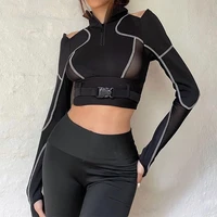 sunny y j hollow out shoulder black goth woman tshirts with buckle zip up slim sexy girl techwear stripe long sleeve autumn tee