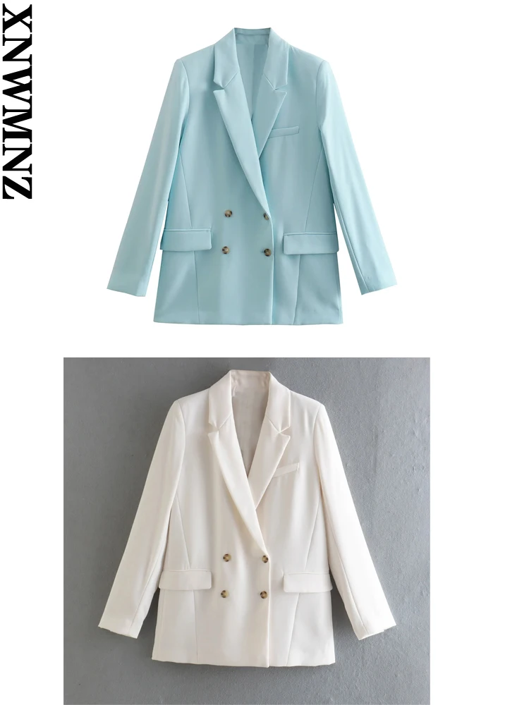 

XNWMNZ 2022 women fashion basic flowing suit jacket woman retro shoulder pad pockets with rear slit female chic blazer