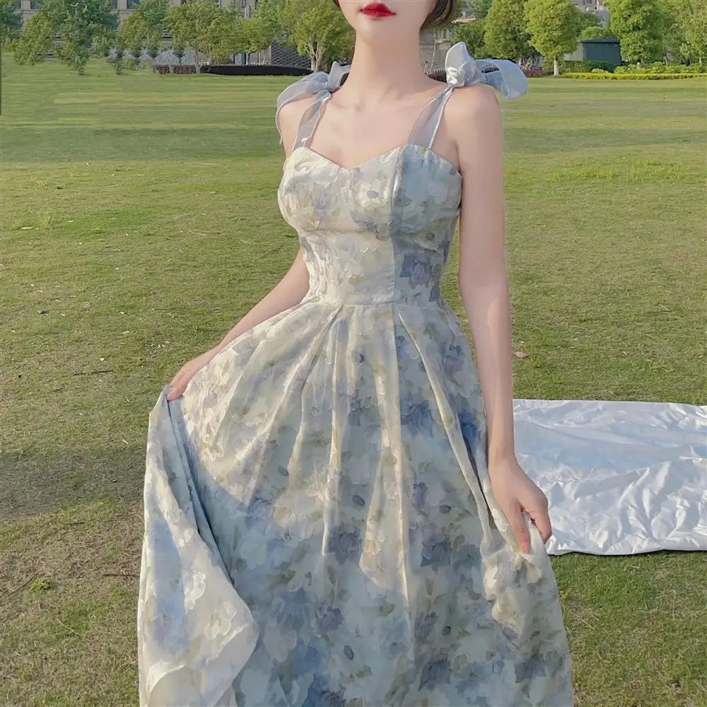

Elegant Long Flower Strap Dress Women Vintage Sweet Print Korean Slip Fairy Dress Casual Calssy Party Princess Dress Spring 2022