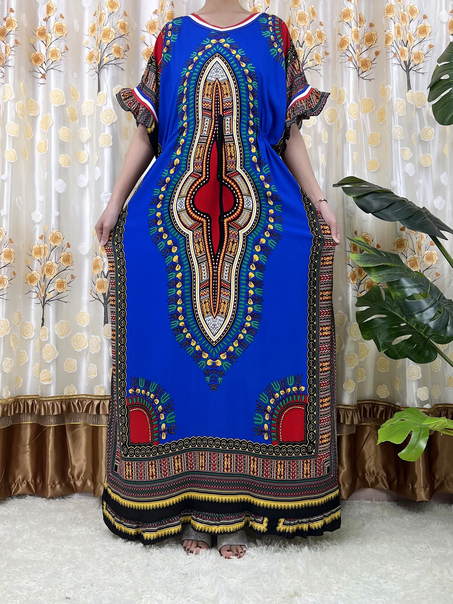 Новое поступление, 2 шт., африканские Дашики с коротким рукавом и цветочным принтом, женское летнее Повседневное платье макси из хлопка