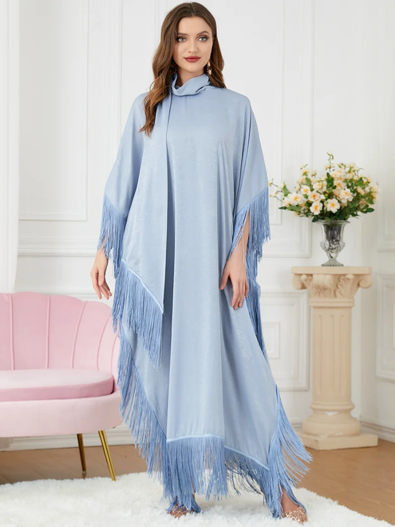 Fringe Kaftan Moroccan Batwing Caftan for Women Soft Satin Patchwork Scarf Batwing Muslim Long Dress Dubai Turkish Modest Abayas