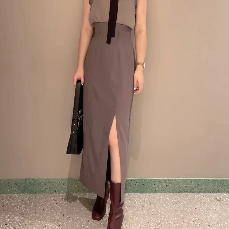 

Chic High Waist Slim Plaid Skirts Elegant Office Ladies Bodycon Split Solid Faldas Mujer Autumn New Japan Style Long Jupe Female