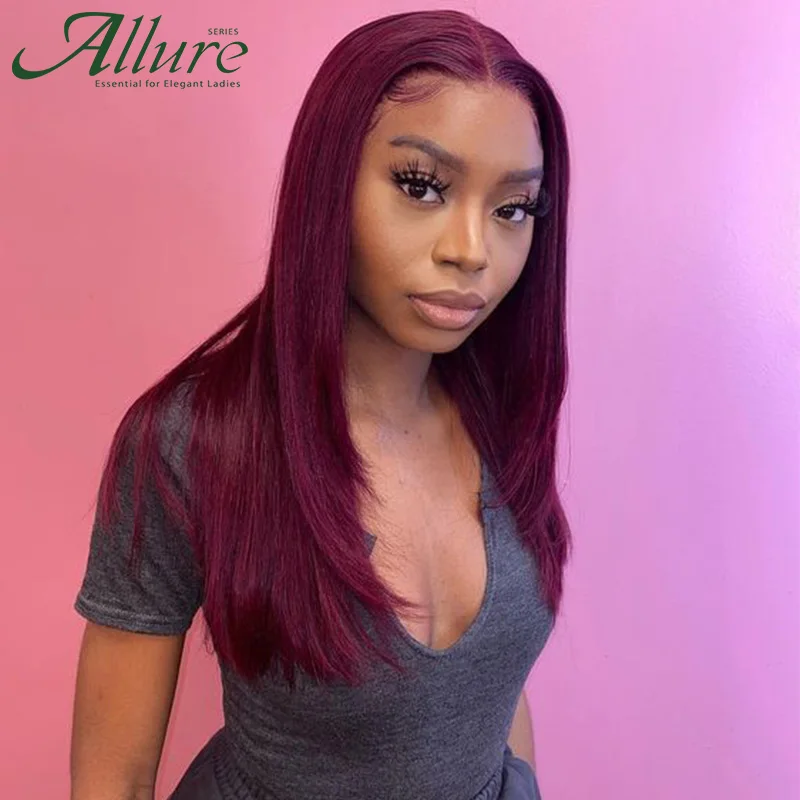 99J Bone Straight T Lace Front Human Hair Wigs for Women Colored Straight Bob Wigs Ombre Burgundy Brown Brazilian Hair Allure