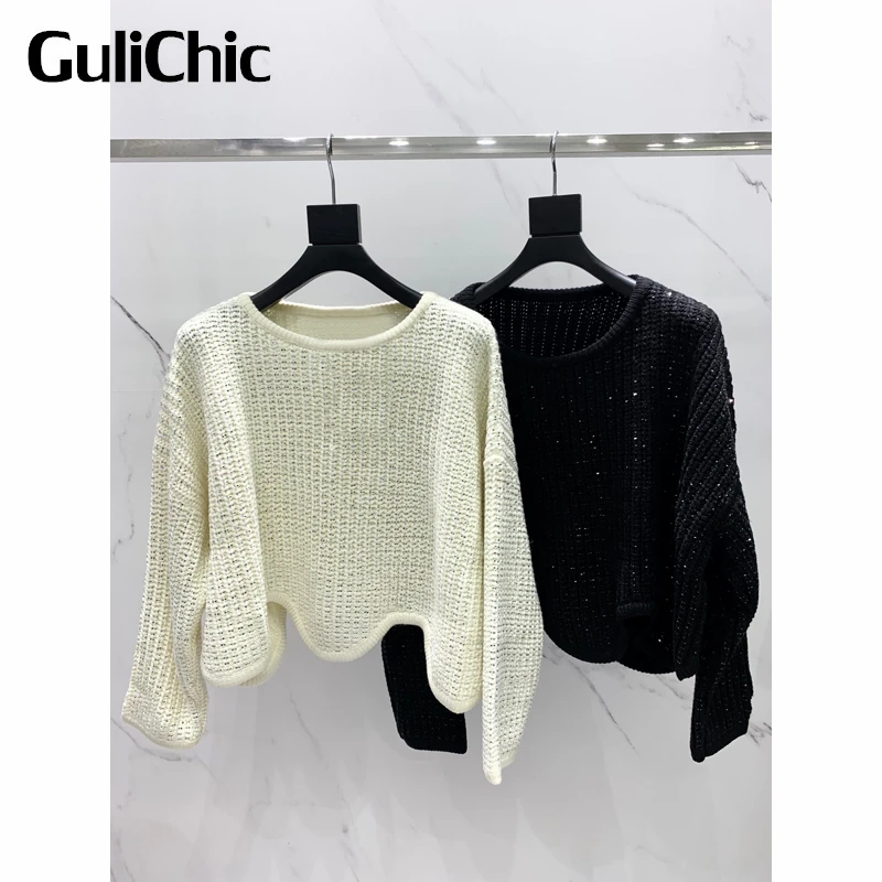 

12.3 GuliChic Women Luxury Sparkly Rhinestone Irregular Wave Cut Hem Round Neck Comfortable Casual Knitted Pullover Sweater