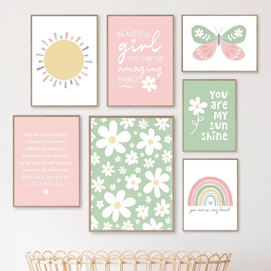 

Cartoon Pastel Sun Rainbow Daisy Butterfly Growth Quotes Wall Art Nordic Posters Pictures Kids Room Decor PaintingCanvas Prints