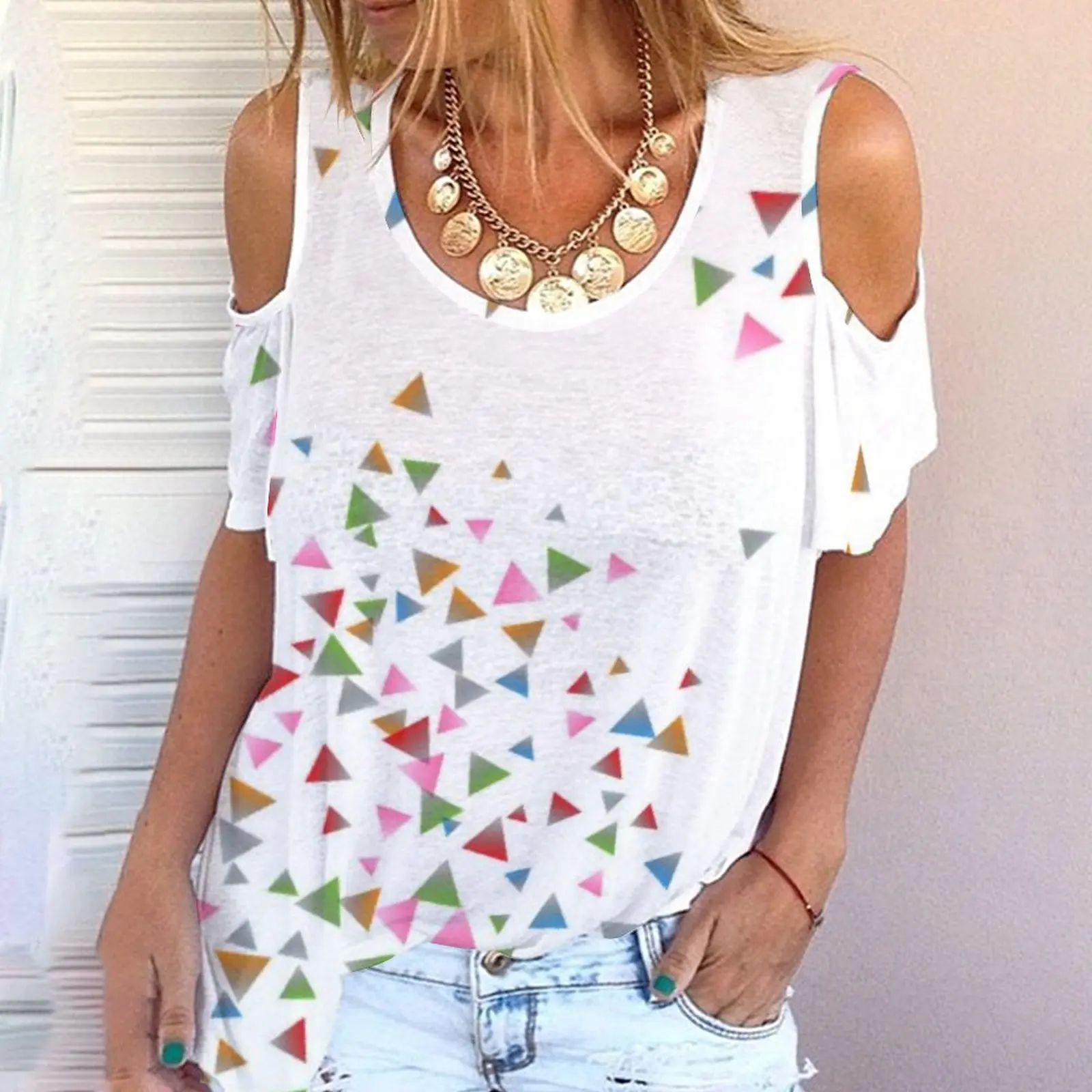 

New foreign trade T-shirt women's off shoulder printed geometric pattern off shoulder o-neck short sleeve T-shirt