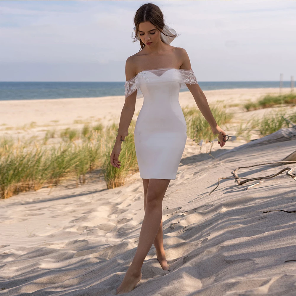 

Simple Vestido De Noiva Sweetheart Off The Shoulder Zipper Backless Lace Applique Wedding Dresses Sheath Above Knee Bride Gowns