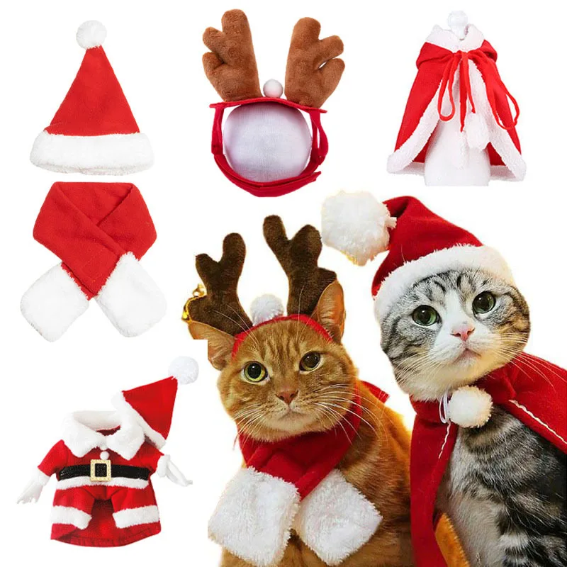 

Cat Costume Santa Cosplay Funny Transformed Cat/Dog Pet Christmas Cape Dress Up Clothes Red Scarf Cap Cloak Photo Props Decor