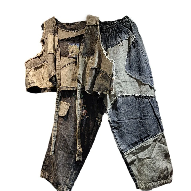 WTHT винтажные модные женские костюмы в стиле пэчворк бандажный джинсовый жилет