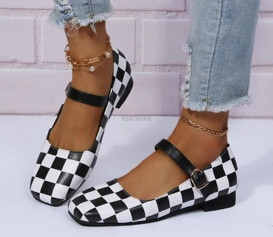 

Woman Flats Plaid Mary Jane Shoes Square Toe Low Heels Dress Shoes Plus Size 35-43 Female Designer Shoes Zapatos Mujer