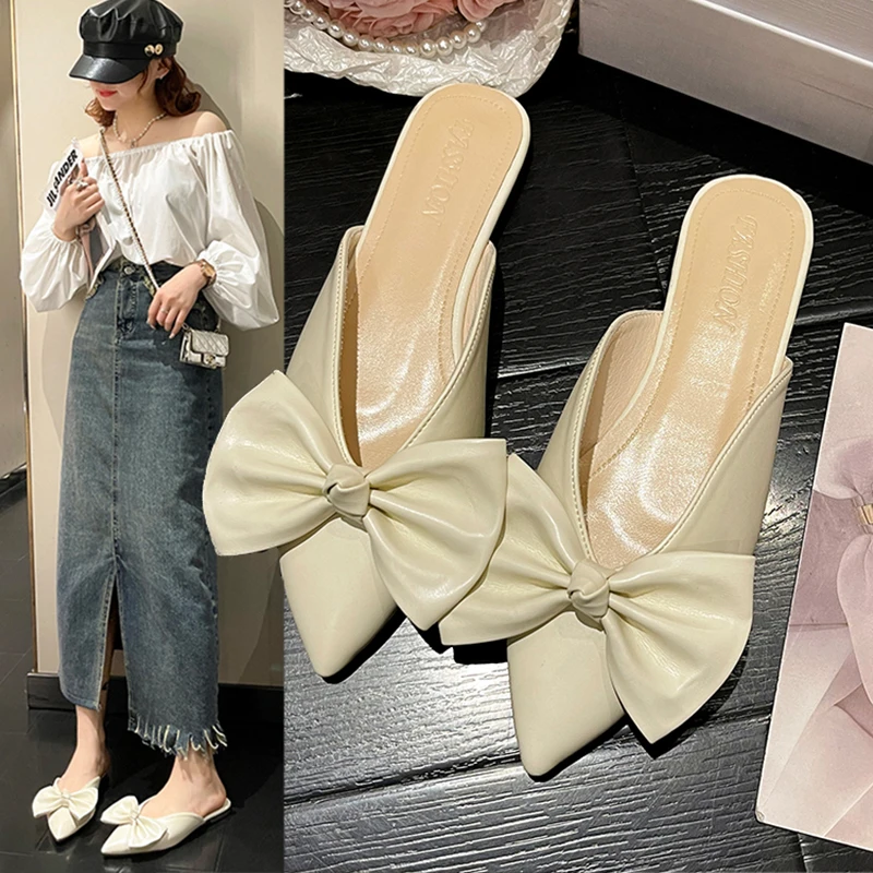 Women's Mules Slippers With Bow Flats Summer Pointed Toe Slippers Women Slip On Sexy Mule Sandals 2023 New Trend Luxury Designer