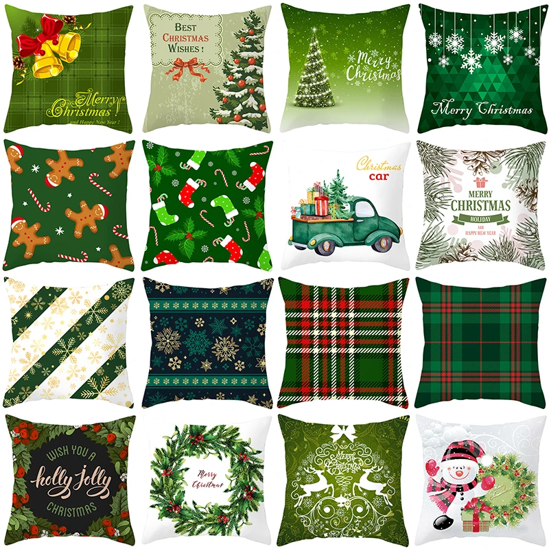 

Merry Christmas Cushion Covers 45x45cm Pine Branch Wreath Christmas Tree Printed Green Pillow Cover Home Decor Throw Pillowcase