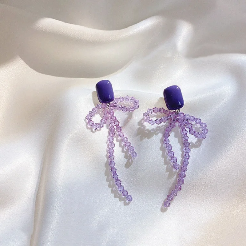 

Beaded Purple Bow Earrings Trendy Fashion Matching Jewelry Designer Long Silver Stud Earrings for Women Vacation