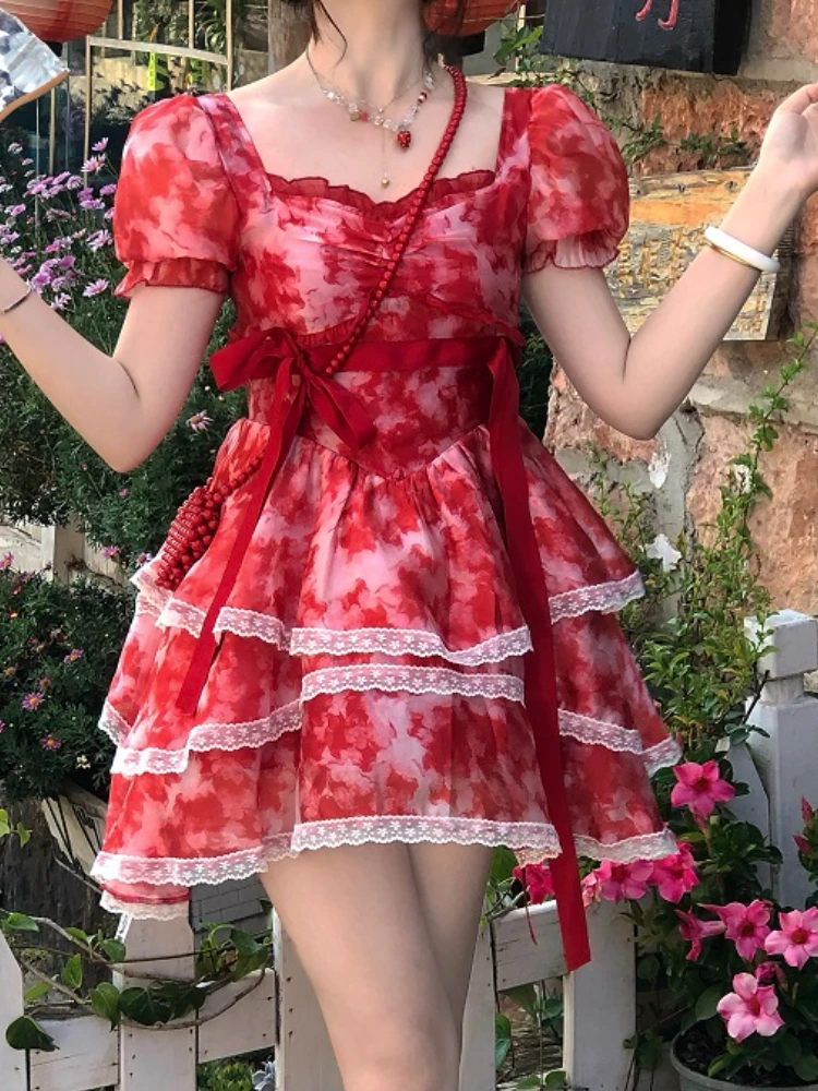 

Red Japanese Lolita Kawaii Mini Dress Women Floral Print Sweet Elegant Dress Female Summer Lace Backeless Casual Cute Dress 2023