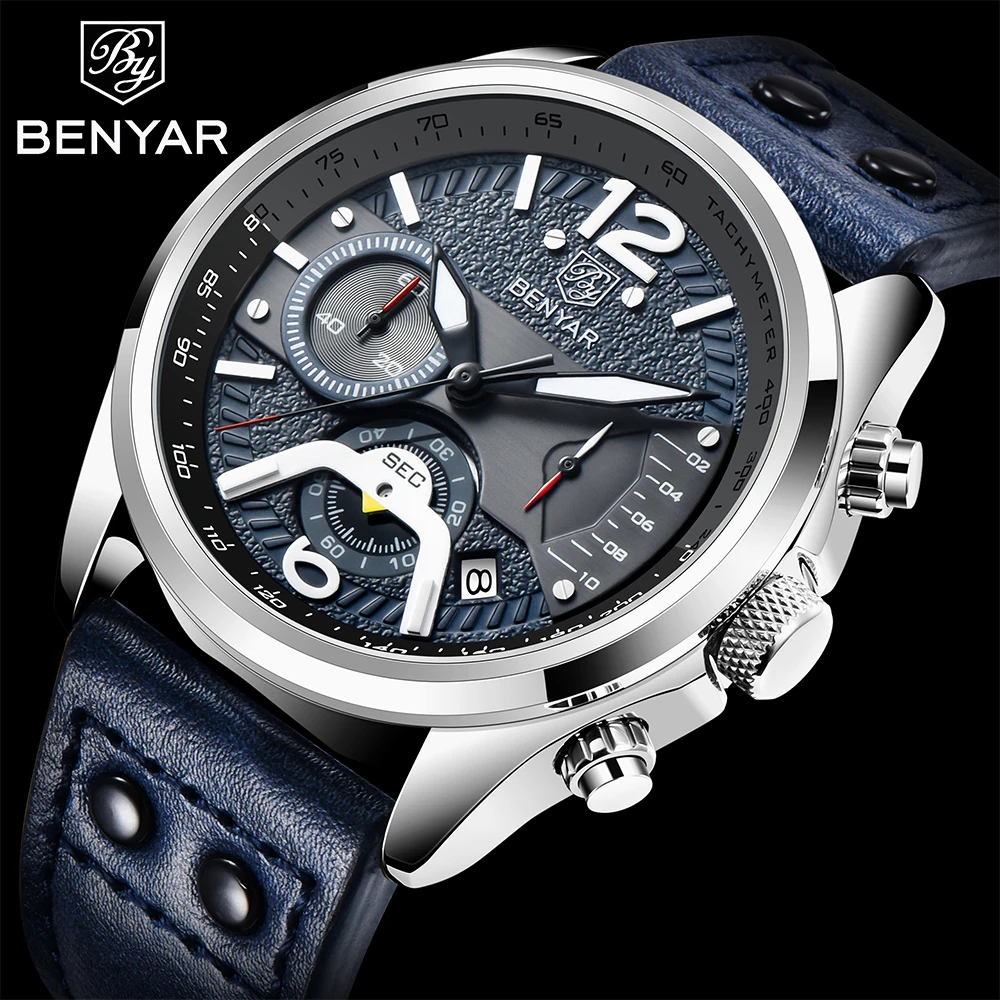 

BENYAR Design Top New 42mm Large Dial Quartz Men's Watch Waterproof Leather Casual Business Men's Watch Sports Chronograph