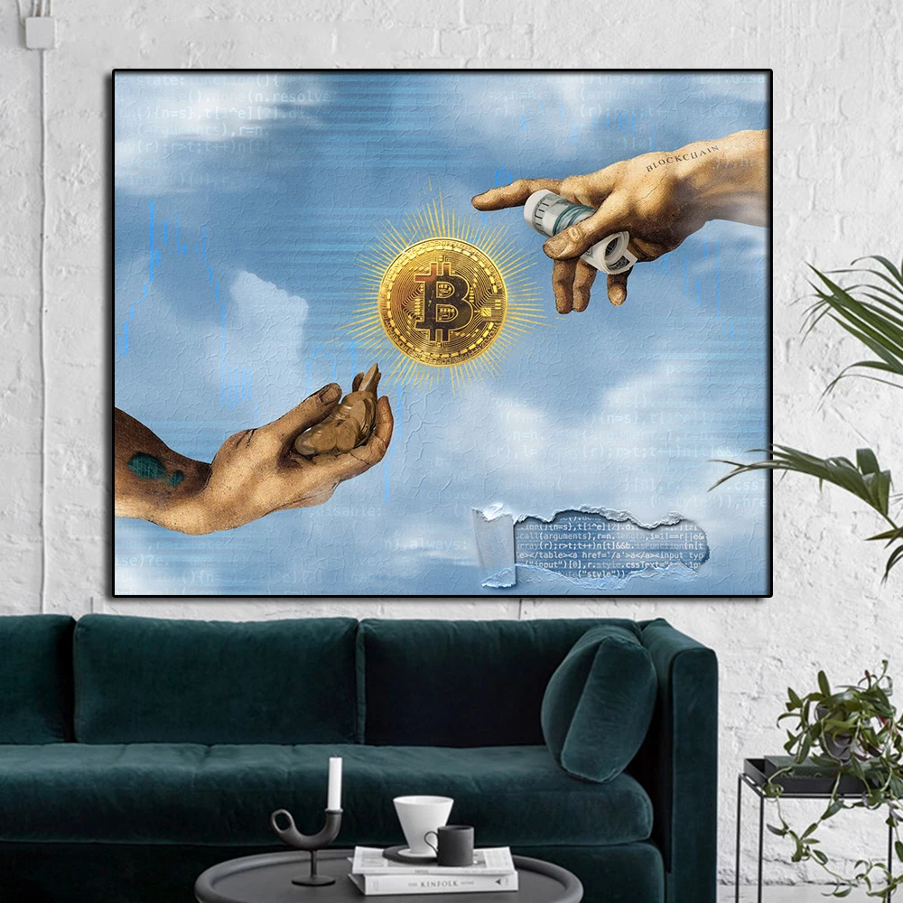 

Canvas Painting Decor Creation Of Adam Pop Art Bitcoin Poster And Print On Wall Art Picture For Living Room Decoration Frameless