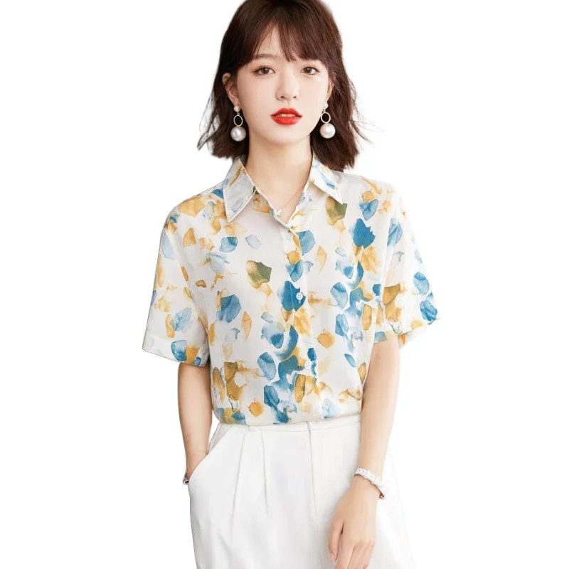 

Simgent Summer Blouse 2022 New Fashion Ins Short Sleeve Turn Down Collar Chiffon Print Shirts Ladies Tops Clothing SG23308