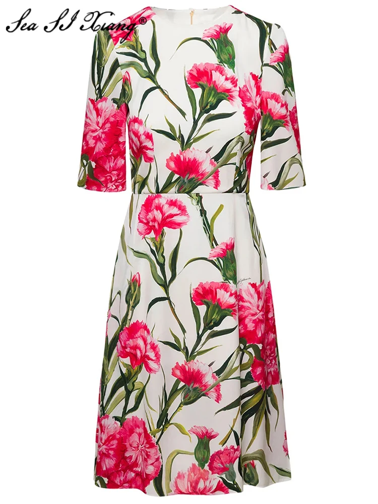 Seasixiang Fashion Designer Spring Summer Women Silk Dress O-Neck Short Sleeve Flowers Print  Elegant Party Midi Dresses