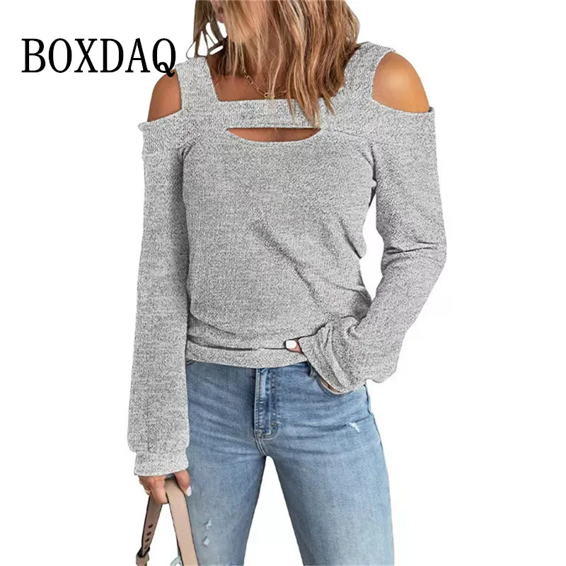 

Spring Autumn Women T shirts Streetwear Casual Long Sleelve Solid Tee Shirts Sexy Off Shoulder Square Collar Female T shirt Tops