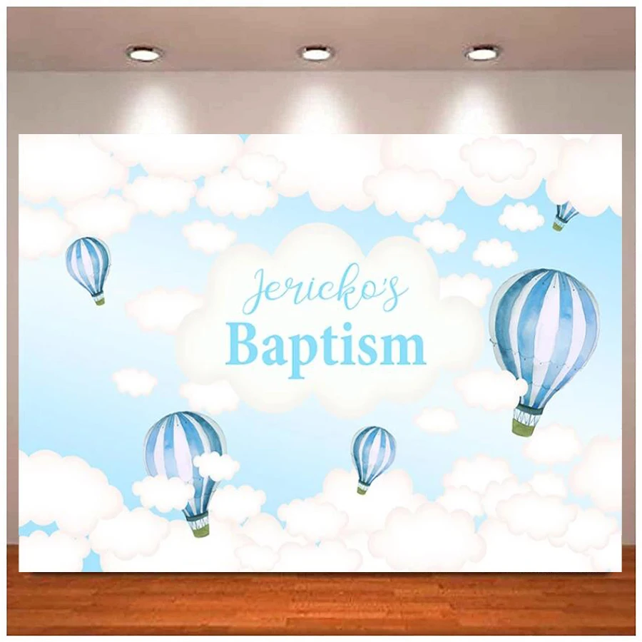 

Photography Backdrop Hot Air Blue Balloon Sky And White Clouds My Baptism First Communion Decor Photo Background Banner Studio