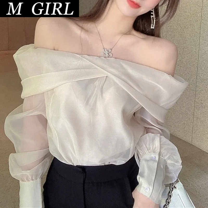 M GIRLS Sexy Lace Patchwork See-through Long Sleeve Blouse Women Slash Neck Solid Loose Korean Fashion Elegant Shirts Vintage