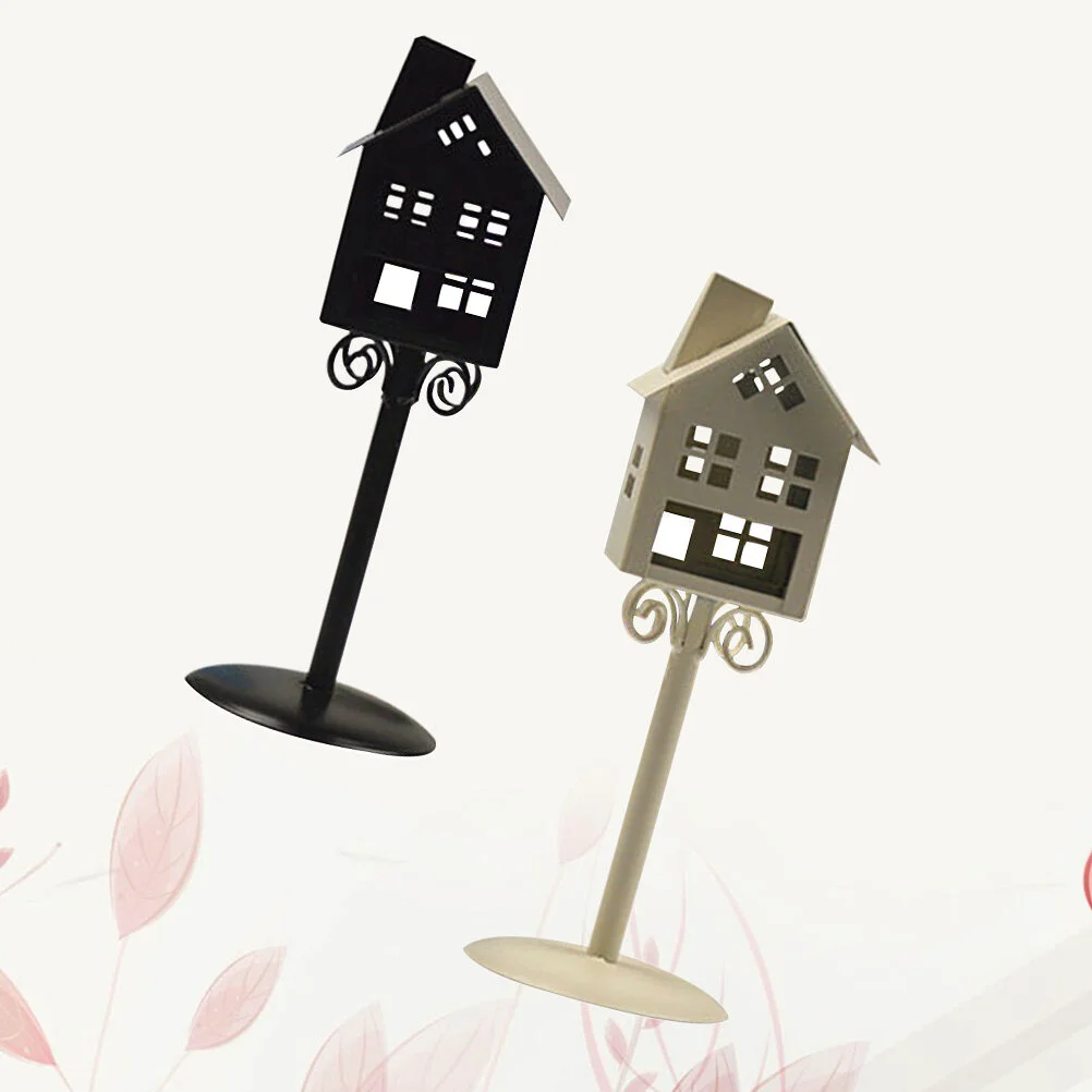 

2 Pcs Desk Decor Lantern House Candlestick Metal Vintage Creative Desktop Adornment Stand Student