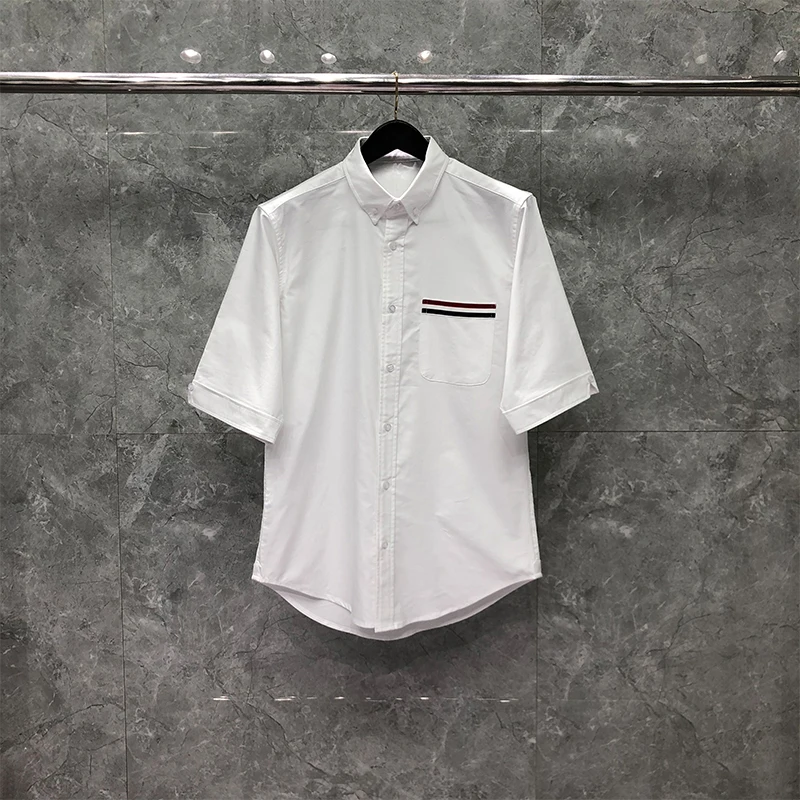 TB THOM Men's Shirt Clothing Fashion Striped Pocket Short Sleeve Slim Casual Summer Men's Clothing Poplin Cotton Women's Shirts