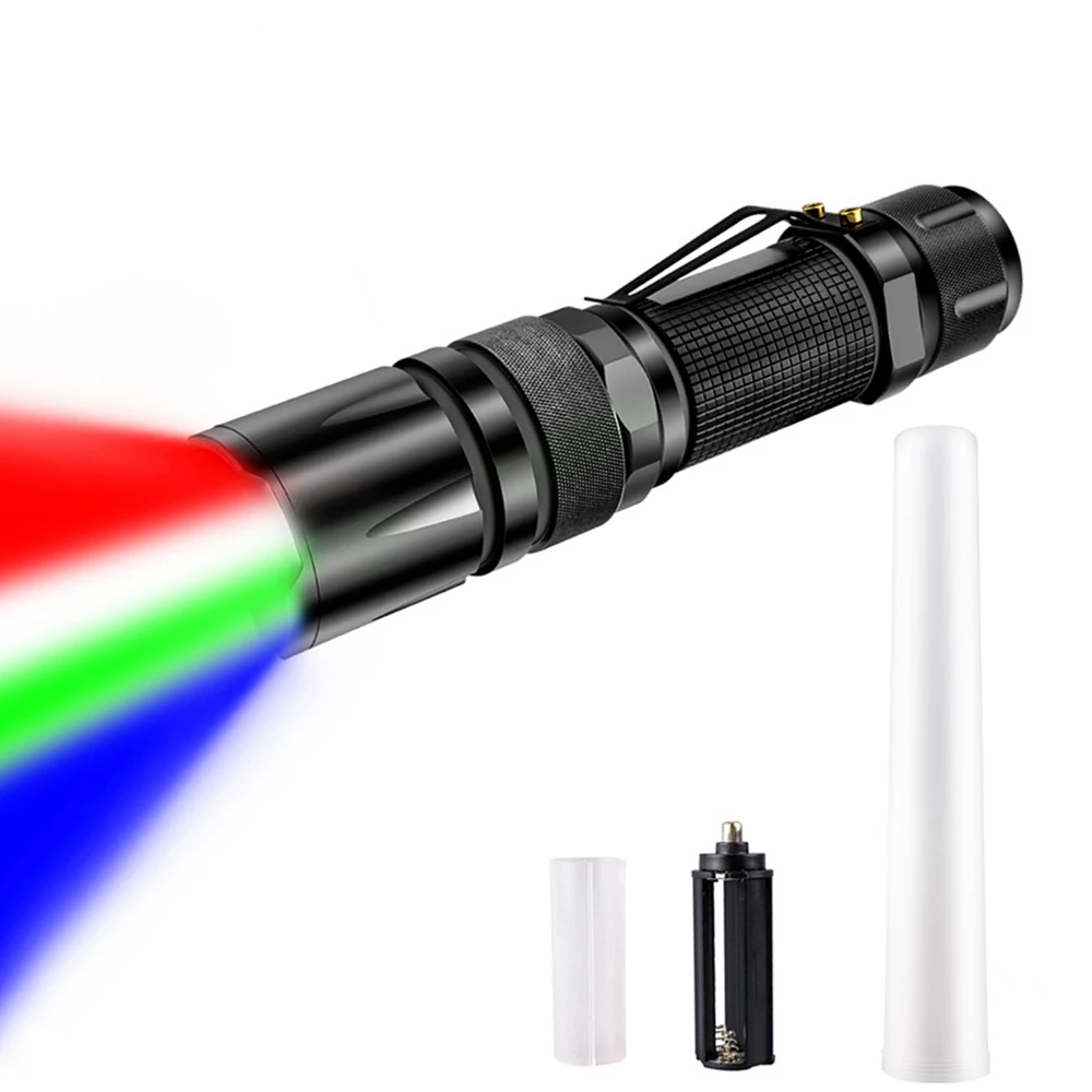 Red Green Blue White Light Zoom Tactical Light 18650 Ultra Bright Hunting Fish Light Waterproof LED Torch Flashlight 5 Modes