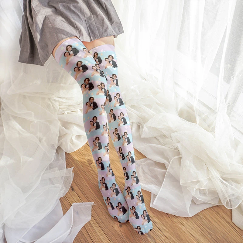 Pink Gradient Rainbow Over-The-Knee Stockings DIY Face Personalized Custom Calf Socks Harajuku Fashion Sexy Women Stockings