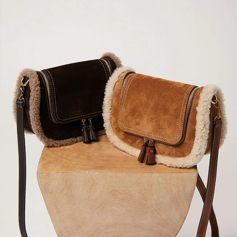 

Vintage frosted suede fur edge saddle bag with fringe small square bag for lady women shoulder crossbody bags camera bag handbag